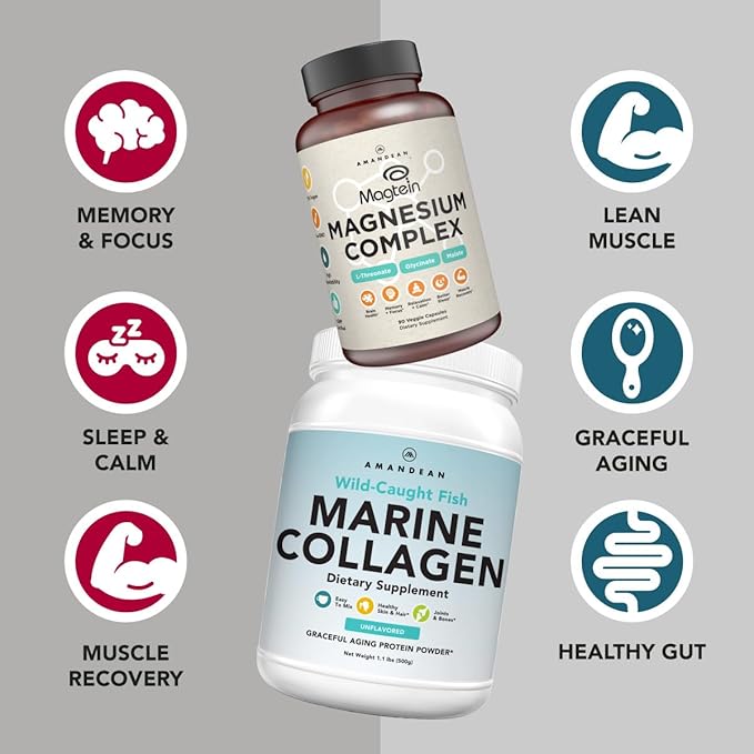 AMANDEAN Premium Magnesium Complex &amp Marine Collagen Bundle. High-Absorption Magnesium Threonate Glycinate &amp Malate. Wild-Caught Hydrolyzed Fish Collagen Protein. Support Quality Sleep Skin