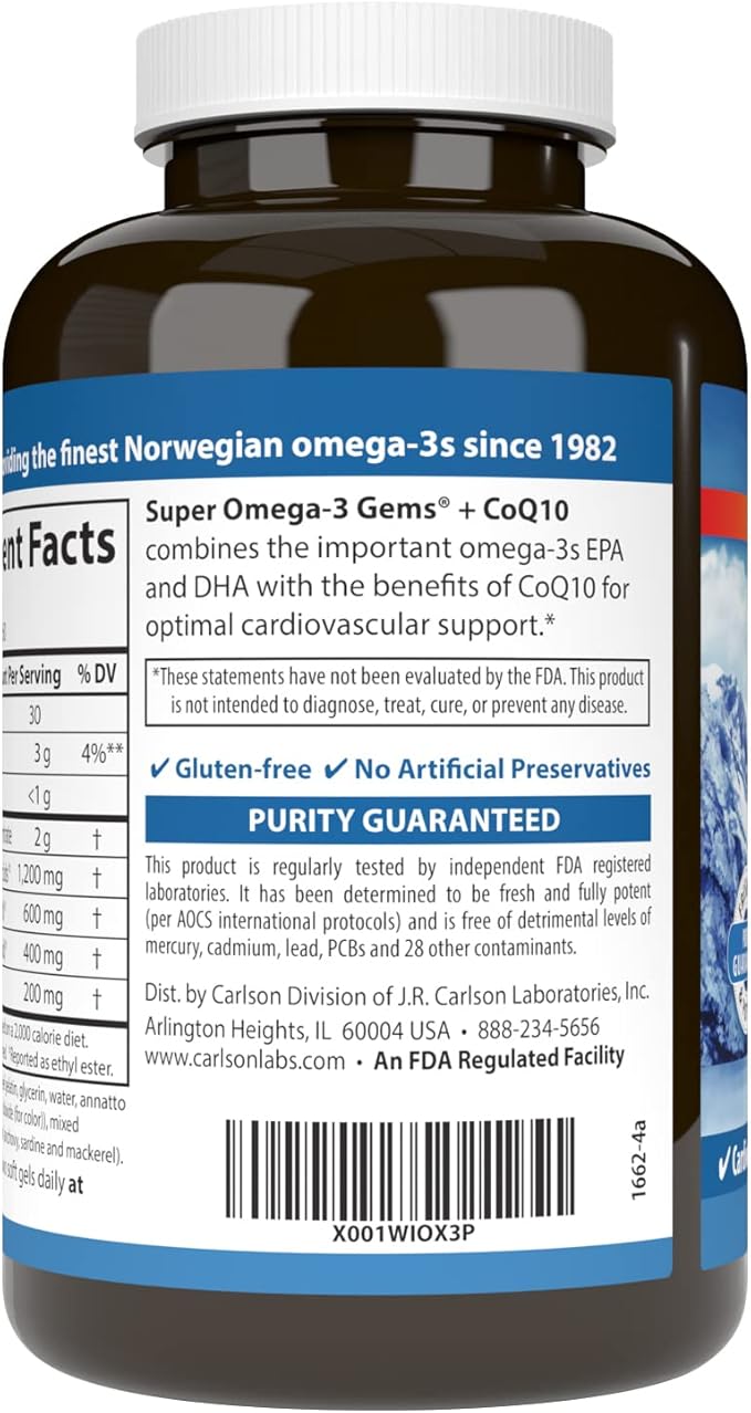 Carlson - Super Omega-3 Gems + CoQ10 1200 mg Omega-3s 200 mg CoQ10 Circulation Function Energy Production &amp Circulatory Support 120 Softgels