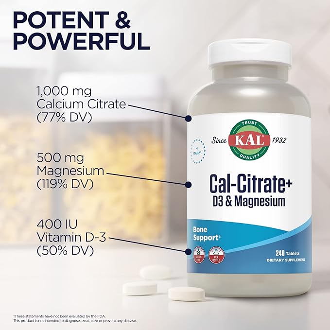 KAL Cal-Citrate+ Calcium Citrate Plus Vitamin D-3 and 500 mg of Magnesium Healthy Bones and Teeth Support Gluten Free and Lab Verified for Quality 60 Servings 240 Tablets