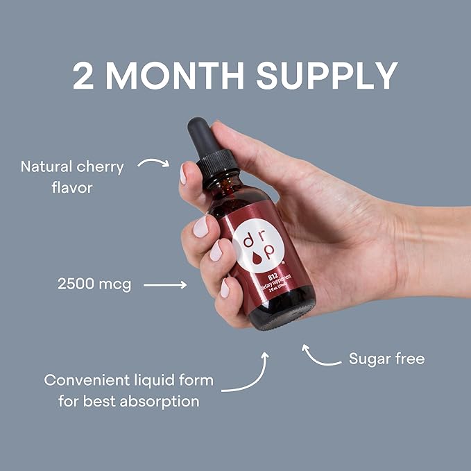 Vitamin B12 2500 mcg 2 oz Liquid Drops for Energy Production Nervous System Health - No Artificial Preservatives Non-GMO Gluten Free Vegan-Friendly