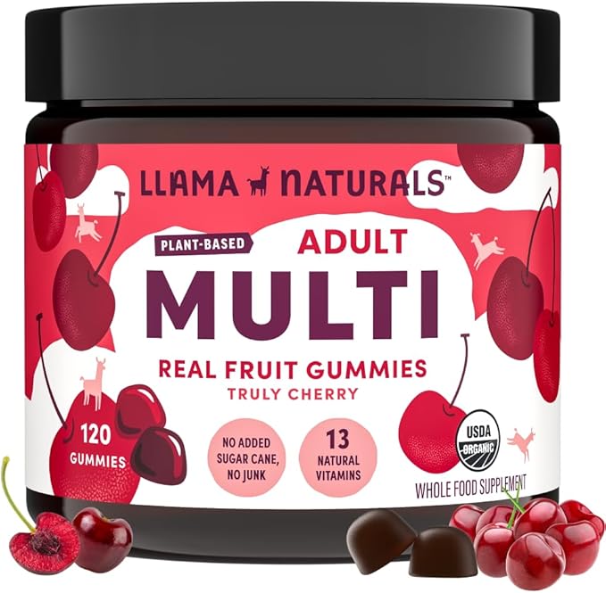 Llama Naturals Multivitamin for Women and Men Vegan Organic Gummies with Vitamin D C and K Adults Real Fruit Gummy Vitamins Chewable Multivitamin Supplement No Added Sugar Cane Cherry 120 Ct