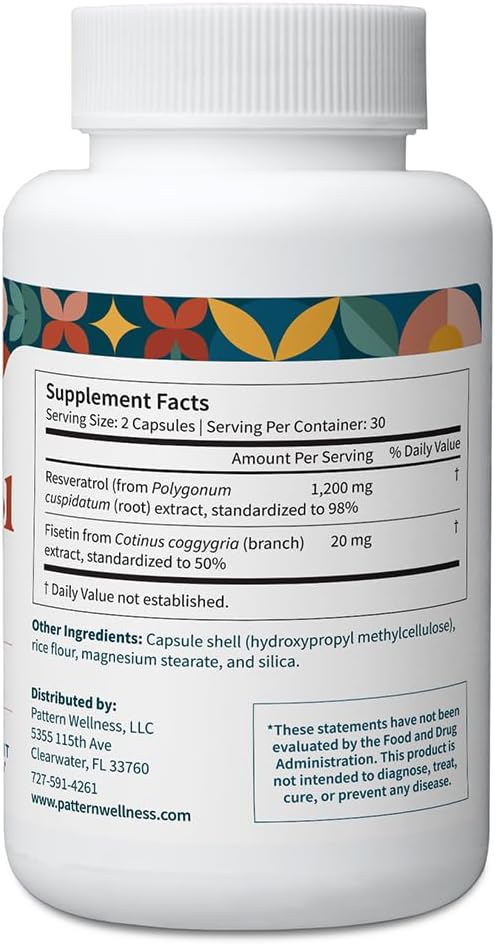 Pattern Wellness Resveratrol with Fisetin – Supports Cellular Heart &amp Immune System Health – Promotes Antioxidant Protection – Vegan Non-GMO Gluten-Free – 60 Capsules