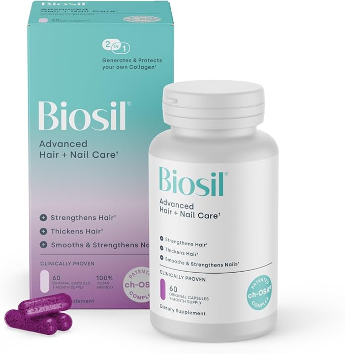 Biosil Advanced Hair + Nail Care - 60 Capsules - Grow Strengthen &amp Thicken Hair and Nails - with Patented ch-OSA &amp Biotin - 30-Day Supply