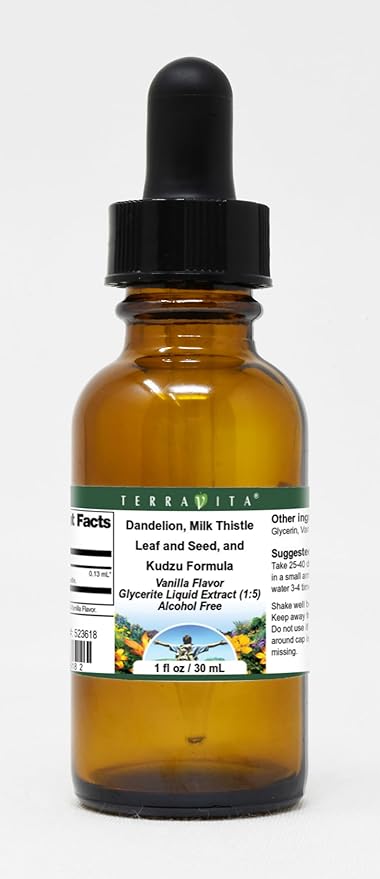 Terravita Dandelion Milk Thistle Leaf and Seed and Kudzu Formula Glycerite Liquid Extract (1:5) - Vanilla Flavored (1 oz ZIN: 523618)