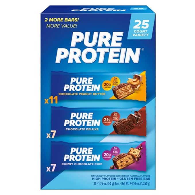 Pure! Protein Bars Variety Pack High Protein Nutrition Bars Minimal Sugar Gluten Free Snack Bars for Energy Support 25 Count (Pack of 2) – Chocolate Peanut Butter Chocolate Deluxe Chewy Chocolat
