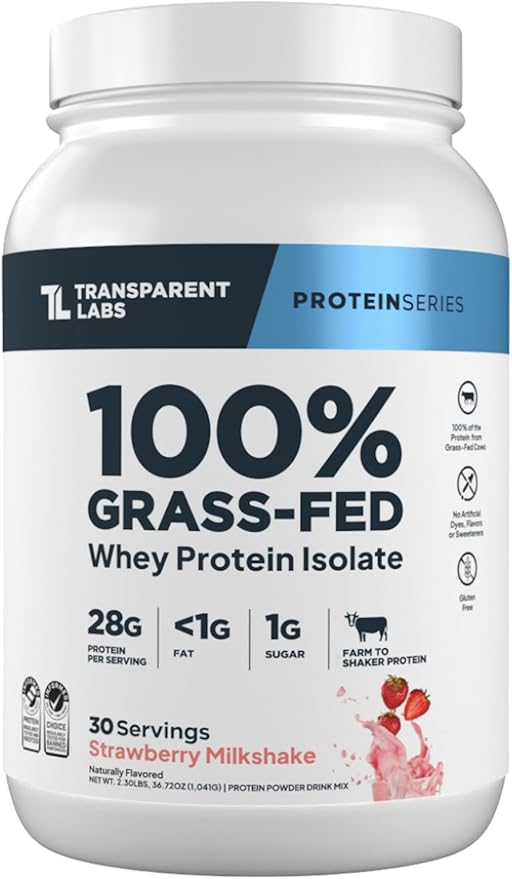 Transparent Labs Grass-Fed Whey Protein Isolate - Natural Flavor Gluten Free Whey Protein Powder w/ 28g of Protein per Serving &amp 9 Essential Amino Acids - 30 Servings Strawberry Milkshake