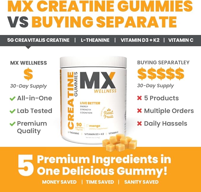 Creatine Monohydrate Gummies for Men &amp Women – Real Fruit Gummy Supplement for Muscle Growth Recovery Longevity Cognitive Health &amp Memory – 90 Chews (90 Gummies Mango)