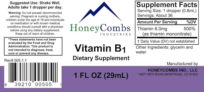 HoneyCombs Vitamin B1 Thiamine Supplement Liquid Drops and Green Barley 4 - Maintain Energy Nervous System Metabolism &amp Overall Well-Being (Thiamine Drops 1 Fl Oz + Green Barley 4 8.5 Oz Powde