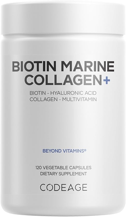 Codeage Biotin Marine Collagen Peptides - Wild-Caught Marine Collagen Types I &amp III Biotin Vitamins C &amp E Hyaluronic Acid Amino Acids Fruit and Herb Blend Non-GMO - 120 Capsules