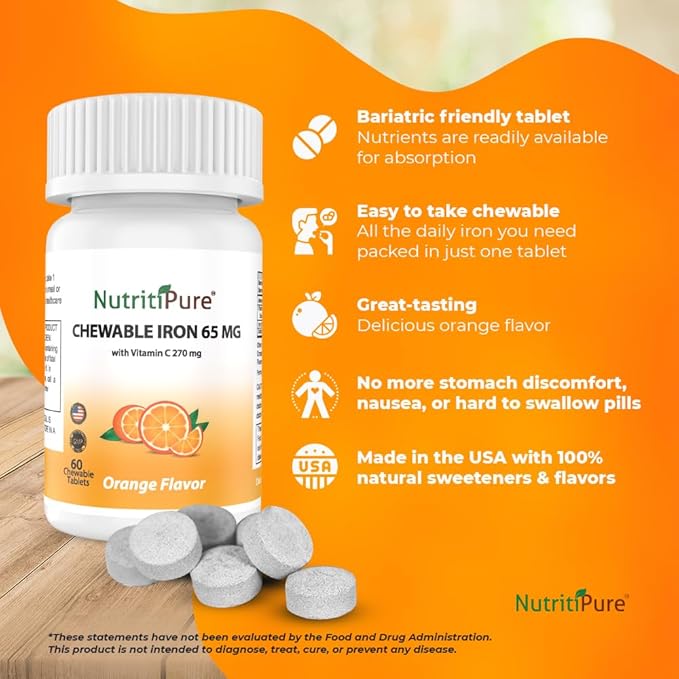 Chewable Carbonyl Iron 65mg Tablets with 270mg Vitamin C – Gentle Non-Constipating Iron Supplement for Women &amp Men – Bariatric Friendly – Sugar Free – 60 Count (60 Day Supply)