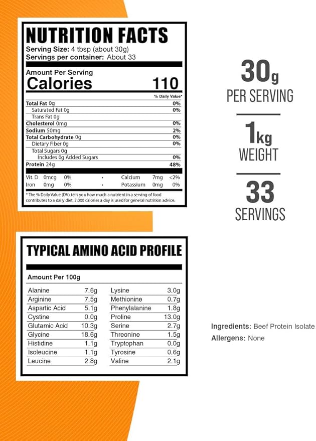 BulkSupplements.com Beef Protein Isolate Powder - Lactose Free Protein Powder Beef Protein Powder - Unflavored &amp Gluten Free 30g per Serving 1kg (2.2 lbs) (Pack of 1)