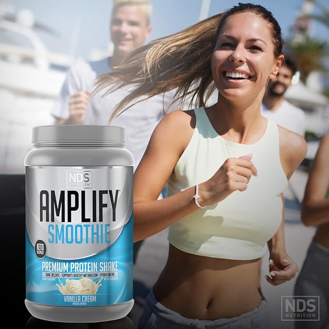 AMPLIFY NDS Nutrition Smoothie Premium Whey Protein Powder Shake with Added Greens and Amino Acids - Build Lean Muscle Gain Strength Lasting Energy and Lose Fat - Vanilla (30 Servings)