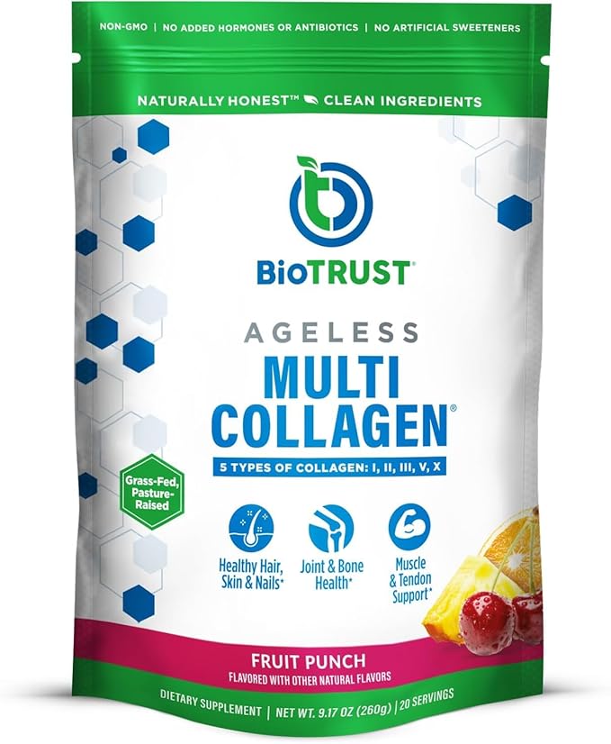 BioTrust Ageless Multi Collagen Peptides Powder – 5 Types (I II III V X) – Fruit Punch Collagen Powder for Women &amp Men – Hydrolyzed Protein – Grass Fed Beef Fish Chicken Eggshell Membrane