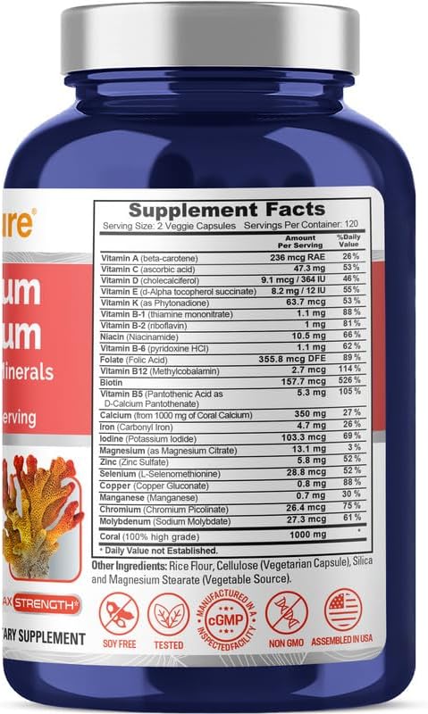 NusaPure Coral Calcium with 22 Vitamins &amp Minerals Non- GMO - 1000 mg - 240 Caps