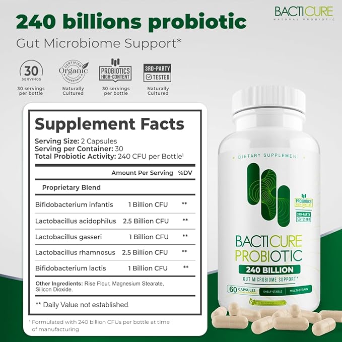 Bacticure Probiotic 120 Capsules | Probiotics Supplement w/High CFU Formula for Men &amp Women | Prebiotics &amp Digestive Enzymes for Digestion &amp Gut Health Vaginal Health Colon Cleanse Immu