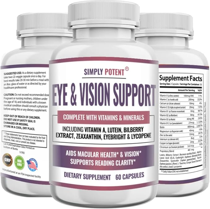 Lutein &amp Zeaxanthin Eye Health Supplements for Adults Natural Eye &amp Vision Formula w/Vitamin A Lutein Zeaxanthin Bilberry Extract Eyebright &amp Lycopene for Retina &amp Lens 60 Caps
