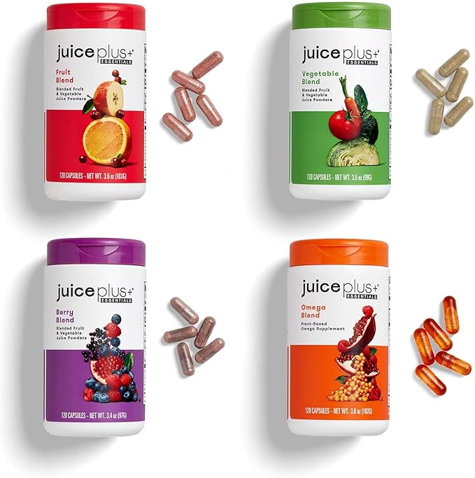 Juice Plus+ Fruit Vegetable Berry &amp Omega Blend Capsules - Nutrition from 30 Fruits Vegetables &amp Berries + Plant-Based Omega Fatty Acids - 4 Bottles (60 Servings Each)
