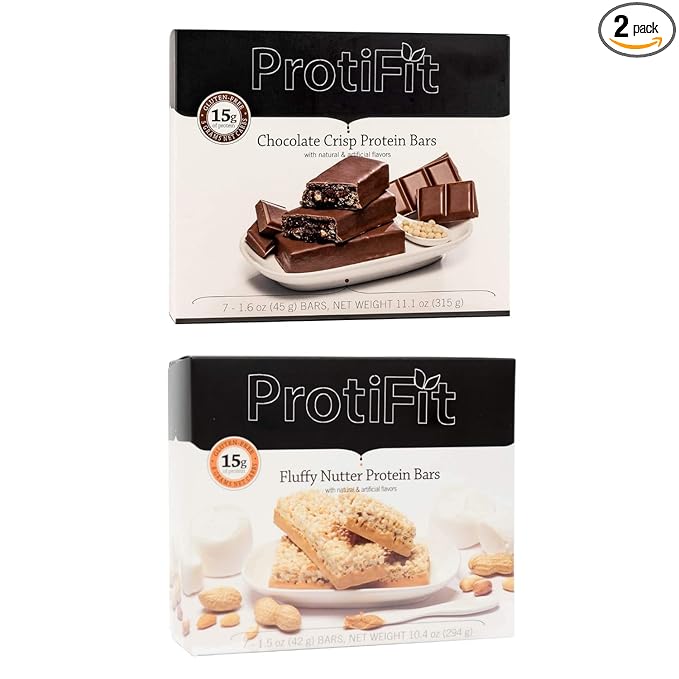 PROTIFIT - Low Calorie Chocolate Crisp &amp Fluffy Nutter Protein Bar 2 Pack High Protein 15g Protein Low Carb Low Sugar Ideal Protein Compatible 7 Servings Per Box (2 Pack)