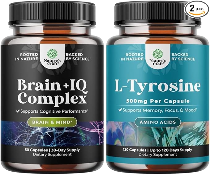 Bundle of Nootropic Memory Supplement and Potent L Tyrosine 500mg Capsules - Memory Pills for Brain Boost and Natural Energy Booster - Amino Acid Nutritional Supplement for Brain Health