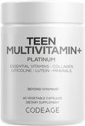 Codeage Teen Multivitamin+ Platinum Supplement - Vitamins A C D3 E B6 B12 Minerals Probiotics Citicoline Collagen Bone Broth Folate Biotin Lutein Zeaxanthin - Non-GMO - 60 Capsules