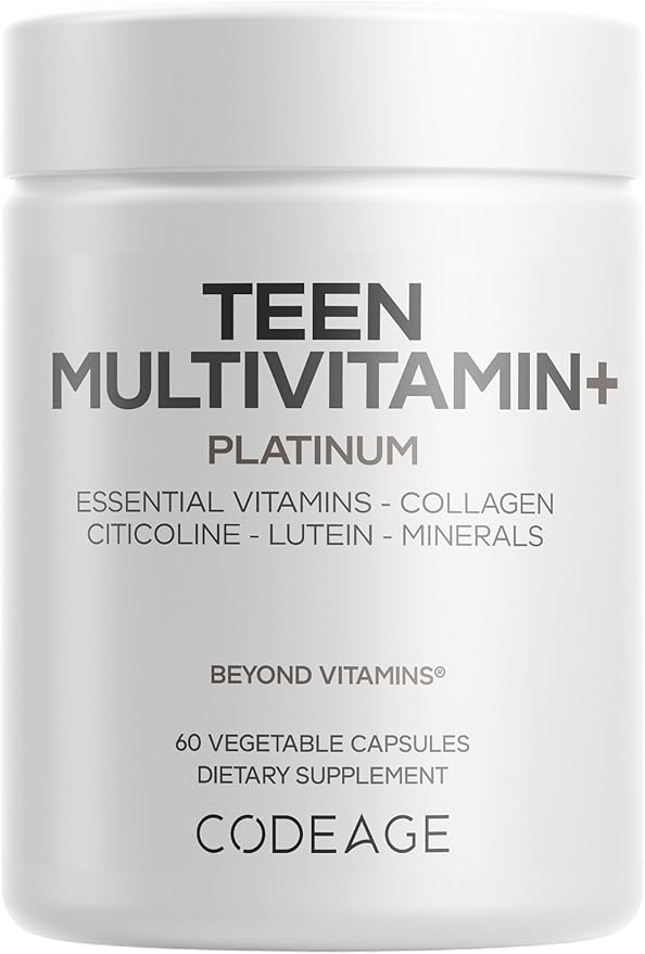 Codeage Teen Multivitamin+ Platinum Supplement - Vitamins A C D3 E B6 B12 Minerals Probiotics Citicoline Collagen Bone Broth Folate Biotin Lutein Zeaxanthin - Non-GMO - 60 Capsules