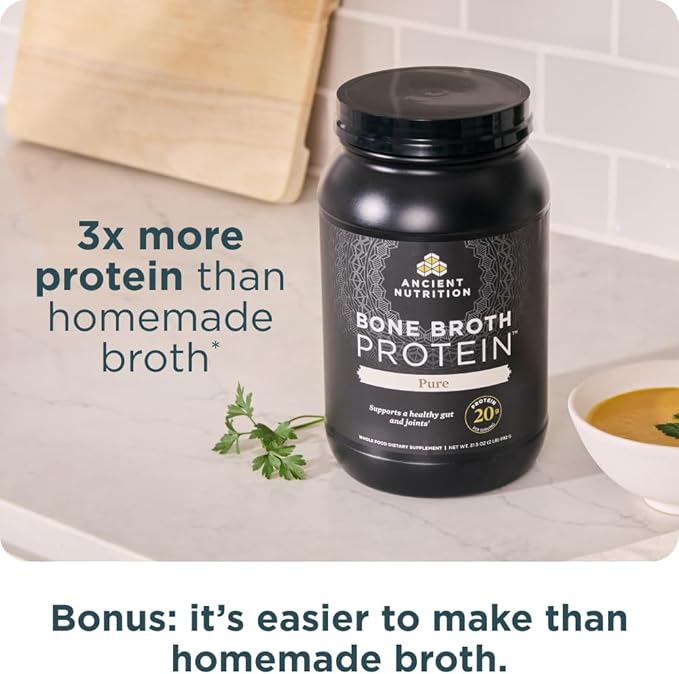 Ancient Nutrition Grass Fed Cage Free Bone Broth Protein Powder 20g Protein Hydrolyzed Collagen Peptides Keto &amp Paleo Friendly Supports Joint &amp Gut Health Pure 40 Servings