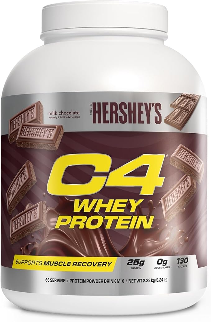 C4 Whey Protein Powder Hershey's Chocolate - 25g Protein 0g Added Sugar 130 Calories Per Serving Supports Muscle Recovery 66 Servings Premium Whey for Post-Workout