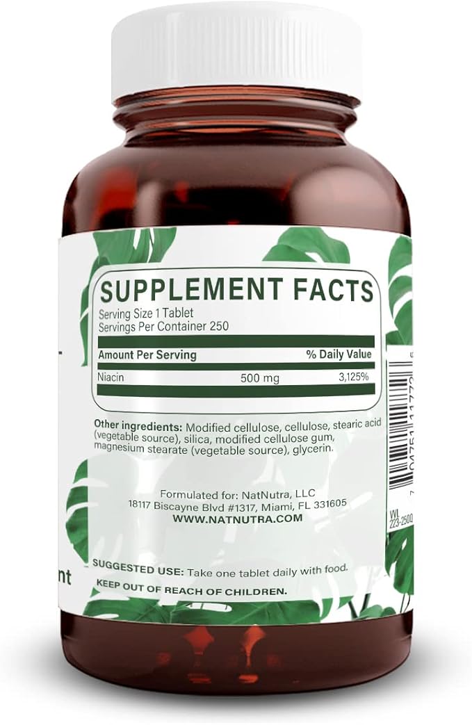 Natural Nutra Time-Release Slow Niacin 500mg (Vitamin B3) Support Healthy Cholesterol Promotes Cardiovascular Health Promotes Skin Cells and Improve Cognitive Function 250 Vegan Tablets