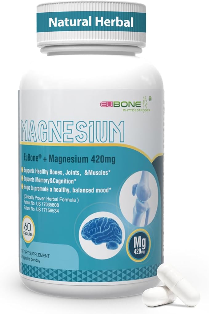 Magnesium Oxide and Glycinate Extra Strength 420mg High Absorption Magnesium Supplement with EuBone and Manganese Support Muscle Joint &amp Bone Health Improve Mood &amp Cognitive 60 Capsules