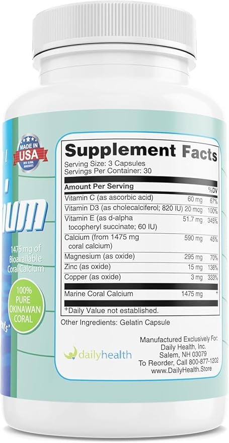 Daily Health - Pure Okinawa Coral Calcium - Marine-Grade Supplement with 72 Trace Minerals - 1475mg 1080 Vegetable Capsules (12 Month Supply)