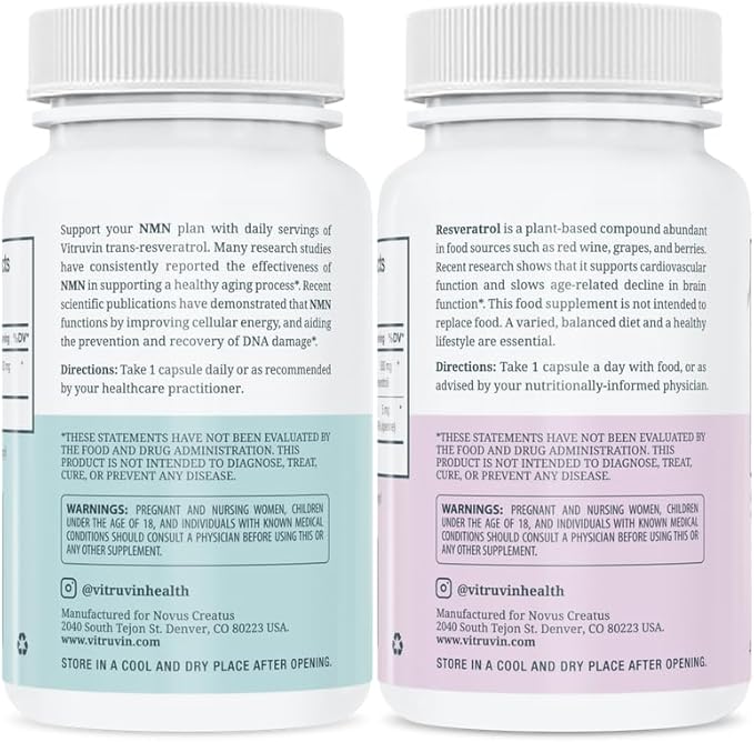 VITRUVIN Longevity Supplement - NMN 500MG + Trans-Resveratrol 500MG with Piperine - Vegan Non-GMO Gluten-Free Gelatin-Free