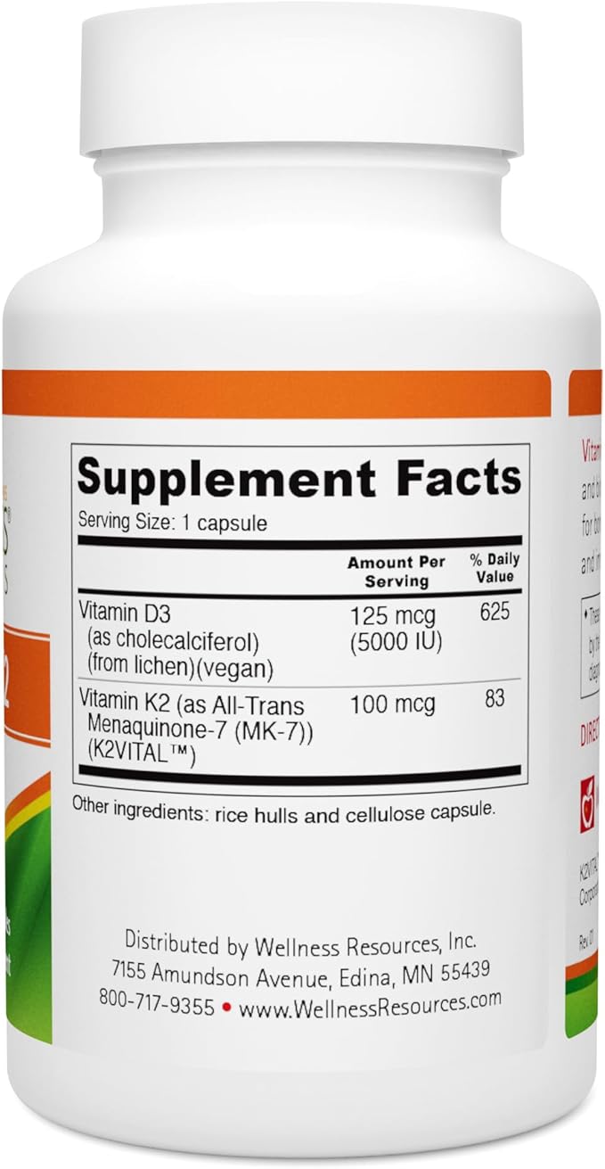 Wellness Resources Vegan Vitamin D3 5000 IU and Vitamin K2 100 mcg 2 in 1 Vitamin D3 K2 MK-7 for Bone Health Immunity &amp Arterial Health Plant Based D3 MK7 Vitamin D Third Party Tested 60 Capsu