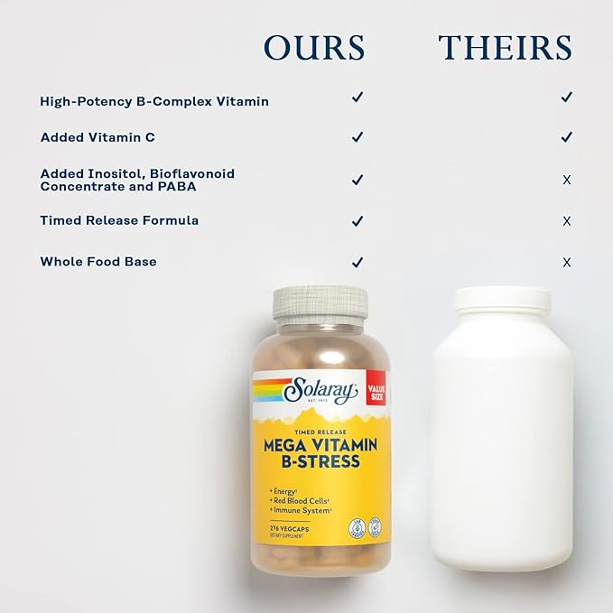 SOLARAY Mega Vitamin B-Stress - Timed Release Vitamin B Complex w/Vitamin B12 B6 Folic Acid VIT. C - Stress Energy Red Blood Cell Immune Support - Vegan 60-Day Guarantee (276 CT)