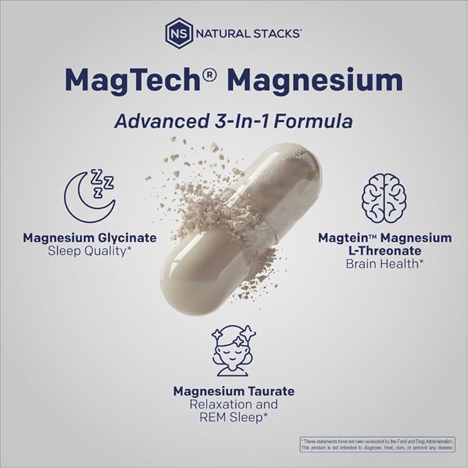 Magtein Magnesium L-Threonate Glycinate &amp Taurate – 200mg Chelated Magnesium Complex – MagTech Magnesium Supplement for Relaxation &amp Brain Health – 90 Capsules