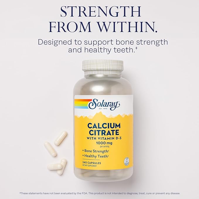 Solaray Calcium Citrate with Vitamin D3 1000mg - Bone Strength and Healthy Teeth Support - Gentle Digestion Formula - Lab Verified 60-Day Guarantee - 60 Servings 240 Capsules