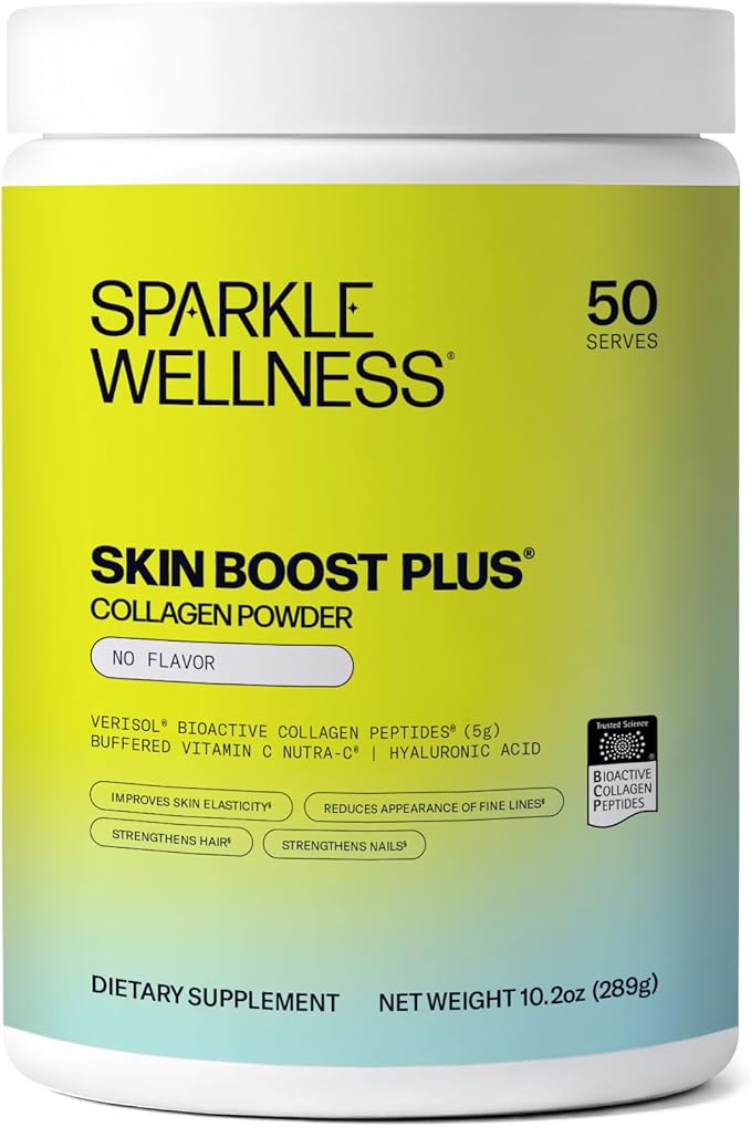 Sparkle Wellness VERISOL Bioactive Hydrolyzed Collagen Peptides | Collagen Powder Supplement with Vitamin C &amp Hyaluronic Acid for Hair Skin and Nail Health | Skin Boost Plus (No Flavor) [50-Serv