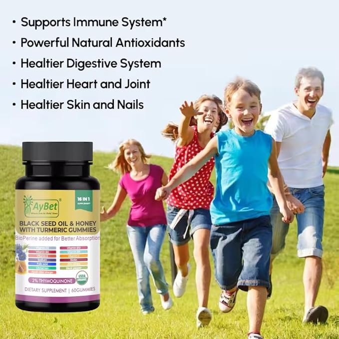 Black Seed Oil &amp Honey Gummies with Turmeric – 16-in-1 Supplement with Vitamins D3 B12 Biotin &amp Zinc –USDA Organic Halal Vegan Non-GMO 2% Thymoquinone 60 Gummies