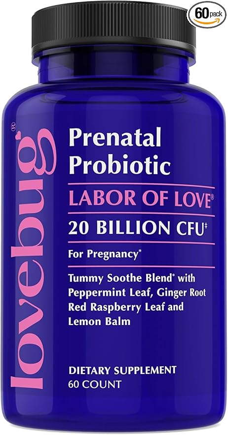 LOVEBUG Prenatal Probiotic Supplement - 7 Probiotics &amp Prenatal Vitamins for Women 20 Billion CFU with Soothing Peppermint Ginger Raspberry Leaf and Lemon Balm. 60 Capsules