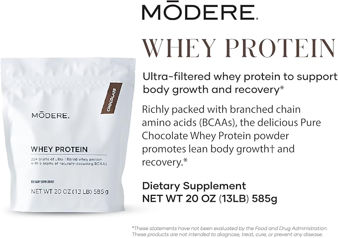 Modere Pure Chocolate Whey Protein Powder: Rich Chocolate Flavor Easy to Mix Daily Protein Formula for Shakes and Smoothies Container - 585 g