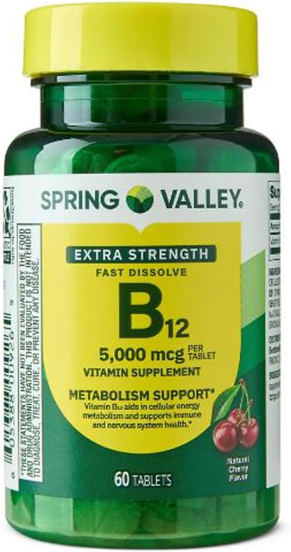 H4U Spring Valley Extra Strength Vitamin B12 Cherry 5000 mcg 60 Count Supplement Fast Dissolve Tablets for Metabolism Support