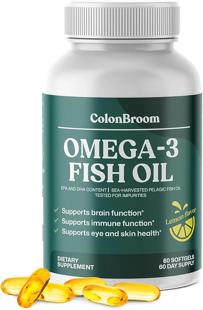 ColonBroom Omega 3 Fish Oil 2640 mg Softgels | Lemon Flavor | Daily Fish Oil Omega-3 Supplement for Women &amp Men with EPA &amp DHA | Gluten-Free Non-GMO Natural (60 Softgels 2 Month Supply)