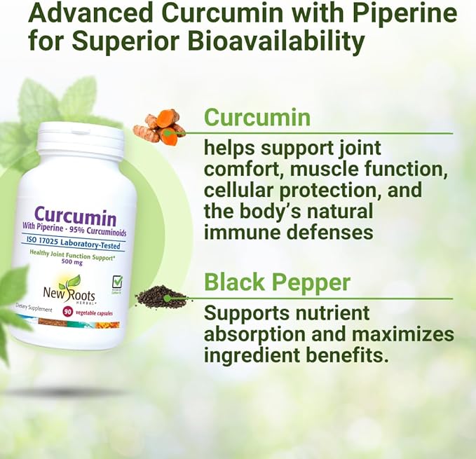NEW ROOTS HERBAL Turmeric Curcumin Supplement 500mg with Black Pepper Extract - 20x Better Absorption | Coumarin Capsules with 95% Curcuminoids &amp 95% Piperine (90 Veg Capsules)