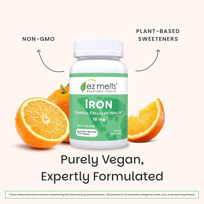 EZ Melts Iron - Supplement for Daily Energy &amp Iron Support - with Vitamin C - No Artificial Flavors - Non-GMO &amp Vegan - Zesty Orange - 180 Dissolvable Tablets (180 Servings)