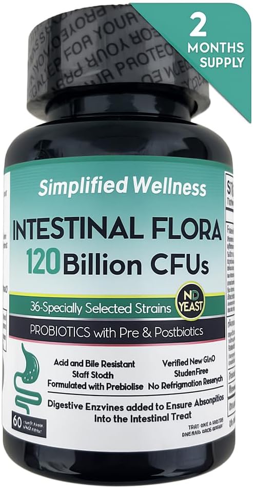 Intestinal Flora Probiotic: 60 Day Supply: 120 Billion CFUs: 36 Selected Strains &amp Prebiotics: Digestive Support: Gluten-Free Non-GMO No Yeast.