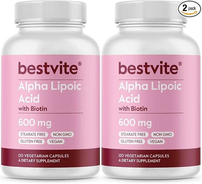 BESTVITE High Strength Alpha Lipoic Acid 600mg (per Capsule) with Biotin to Enhance Absorption (240 Vegetarian Capsules) (2 x 120) No Stearates - Vegan - Non GMO - Gluten Free