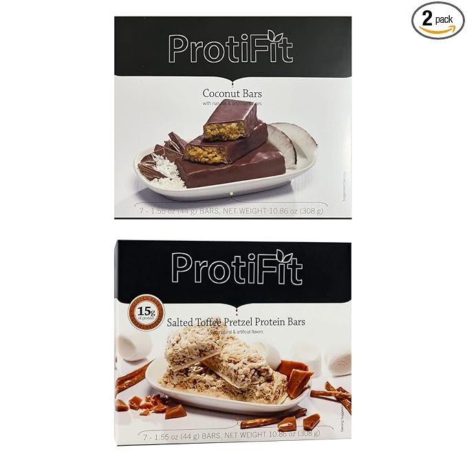 PROTIFIT - Low Calorie Coconut Crunch &amp Salted Toffee Pretzel Protein Bar 2 Pack High Protein 15g Protein Low Carb Low Sugar Ideal Protein Compatible 7 Servings Per Box (2 Pack)