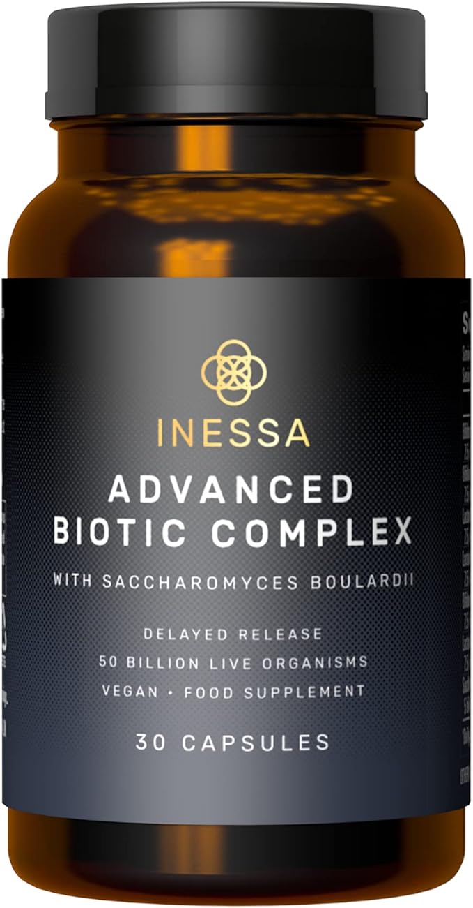 Inessa Advanced Biotic Complex - 50 Billion CFU Probiotics For Women Digestive Gut Health With Delayed Release - 7 Strain Dairy Soy Gluten Free Probiotic Supplement - 30 Vegan Capsules For Men &amp