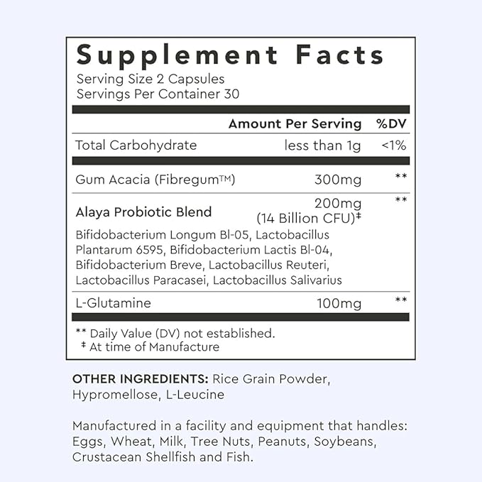 Alaya Naturals Advanced Synbiotic - Probiotic + Prebiotic - 14 Billion CFU Delayed Release Probiotic Supplement with Prebiotics from Sunfiber® and L-glutamine for Gut Lining Integrity - 60 Capsules
