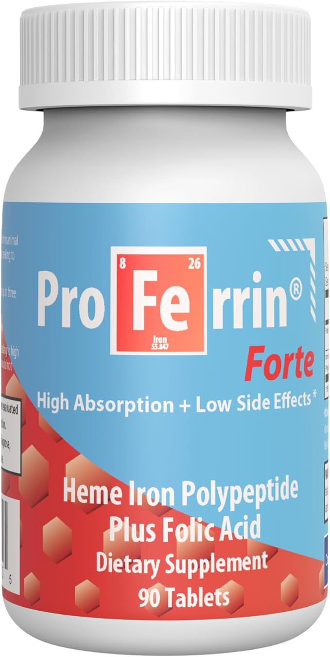 Proferrin Forte-12mg of high Absorbing Heme Iron Polypeptide. Easy on The Gut. 90 Tablets. 1mg of Folic Acid to aid in red Blood Cell Production. Not affected by Coffee Calcium or PPI's.