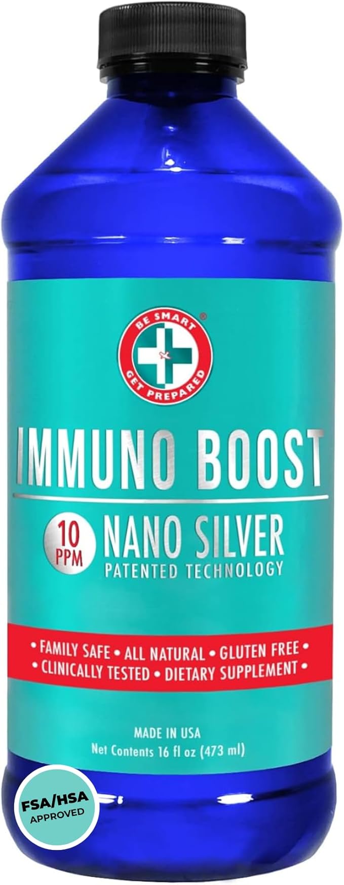 Be Smart Get Prepared Nano Silver Immuno Boost - 16 oz - Daily Immune Supplement for Family - Gluten Free Vegetarian - Made in USA